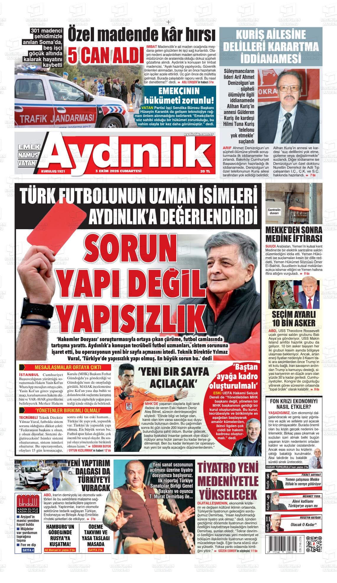 AYDINLIK gazetesi birinci sayfası