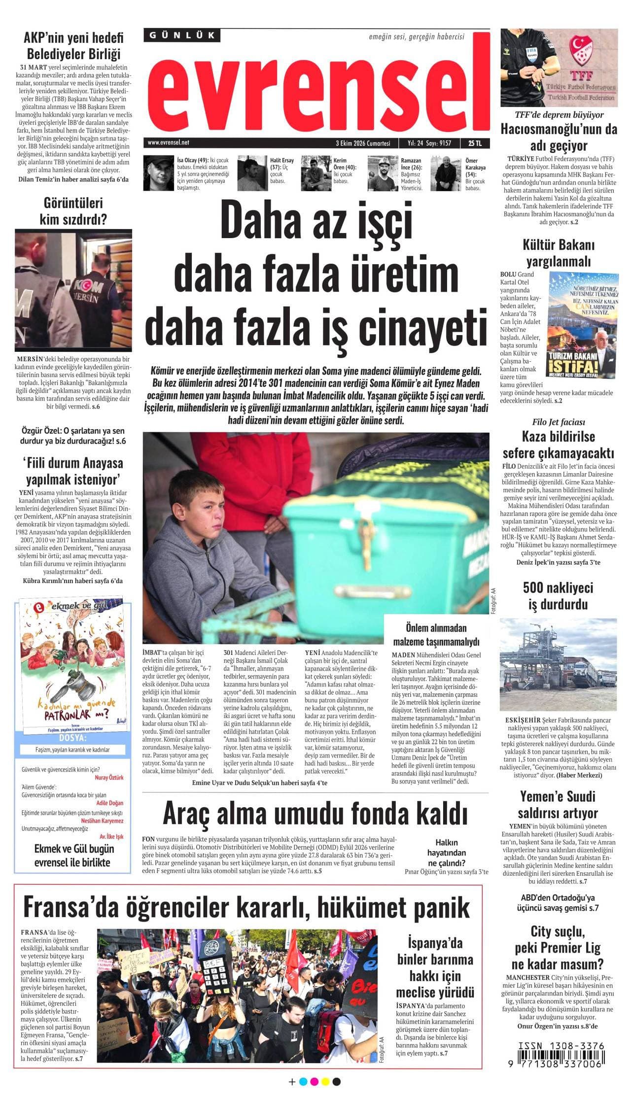 GÜNLÜK EVRENSEL gazetesi birinci sayfası