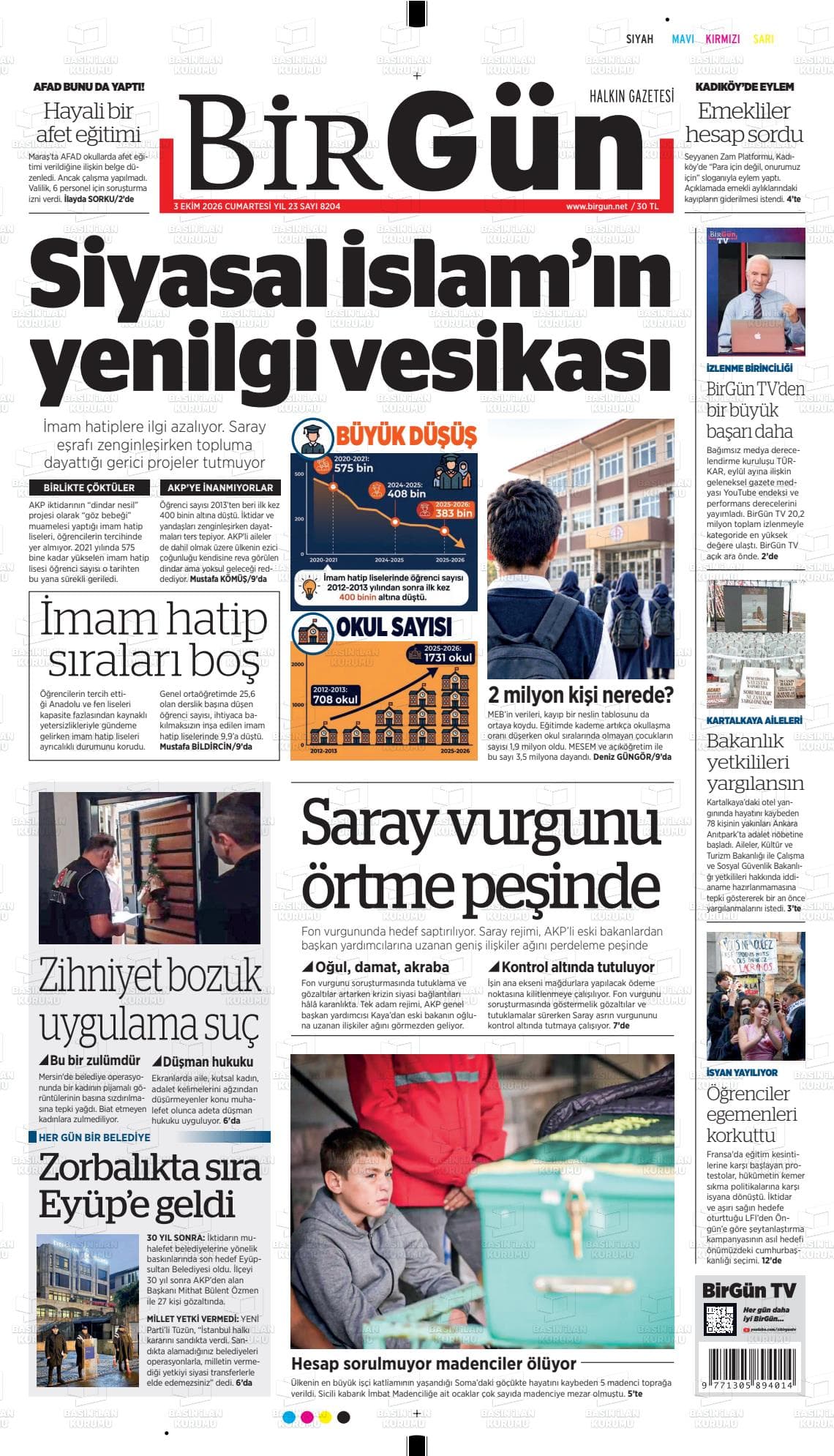 BİRGÜN gazetesi birinci sayfası