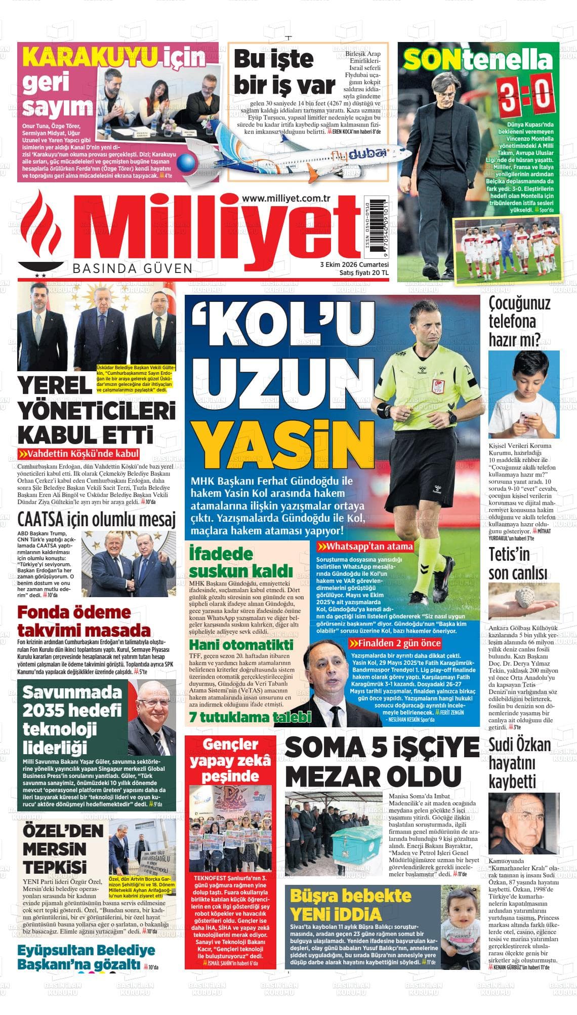 MİLLİYET gazetesi birinci sayfası